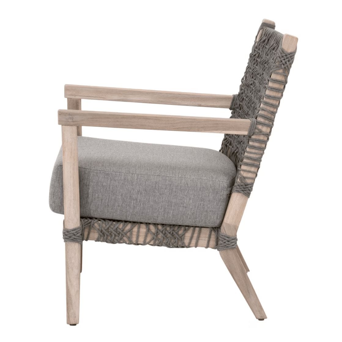 Dove gray polyolefin rope outdoor club chair with a solid teak frame and gray cushion.