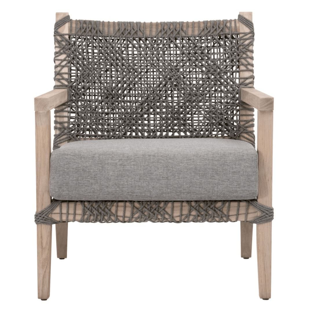 Dove gray polyolefin rope outdoor club chair with solid teak frame and gray cushion.