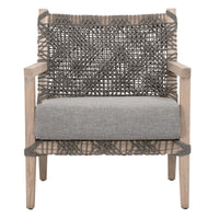 Dove gray polyolefin rope outdoor club chair with solid teak frame and gray cushion.