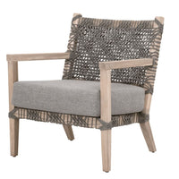 Dove gray polyolefin rope outdoor club chair with a solid teak frame and gray cushion.