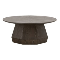 Coulter Burnished Brown Coffee Table with a round top and faceted pedestal base.