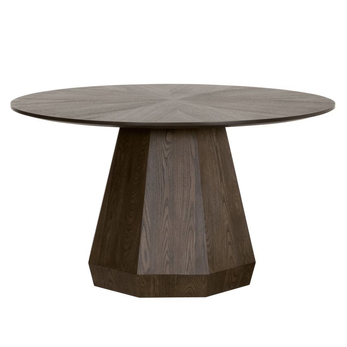 Coulter 54" burnished brown round dining table with a starburst top and octagon pedestal base.