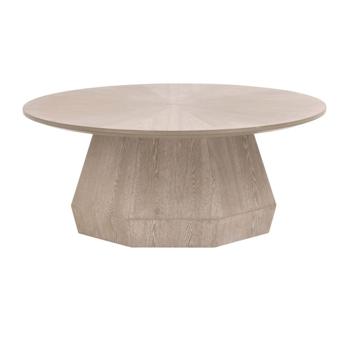 Coulter Natural Gray Ash Coffee Table with round top and faceted pedestal base.