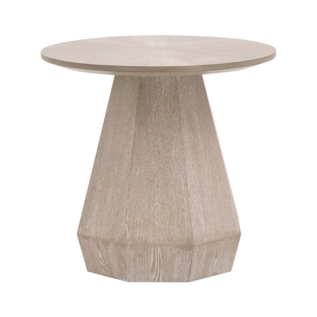 Coulter Natural Gray End Table with round starburst veneer top and geometric base.