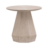 Coulter Natural Gray End Table with round starburst veneer top and geometric base.