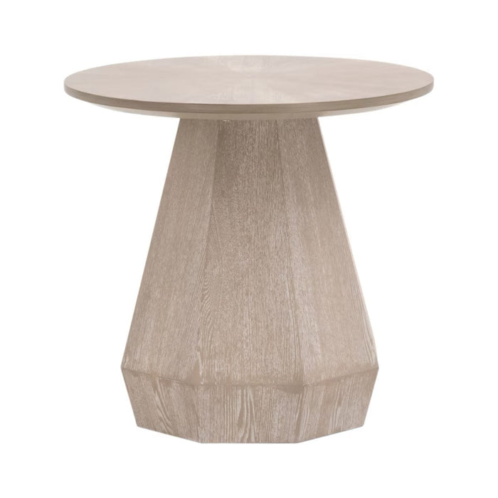 Coulter Natural Gray End Table with round starburst veneer top and geometric base.