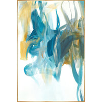 Abstract giclee canvas painting with sweeping strokes of gold, teal, and blue on a white background, framed in gold.