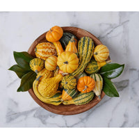 Acacia wood serving bowl, 15-inch, filled with colorful decorative gourds and green leaves on marble.