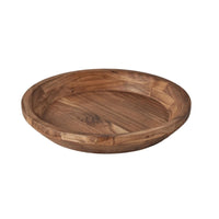 Shallow, wide acacia wood serving bowl with natural grain, 15-inch diameter, for salads or decor.