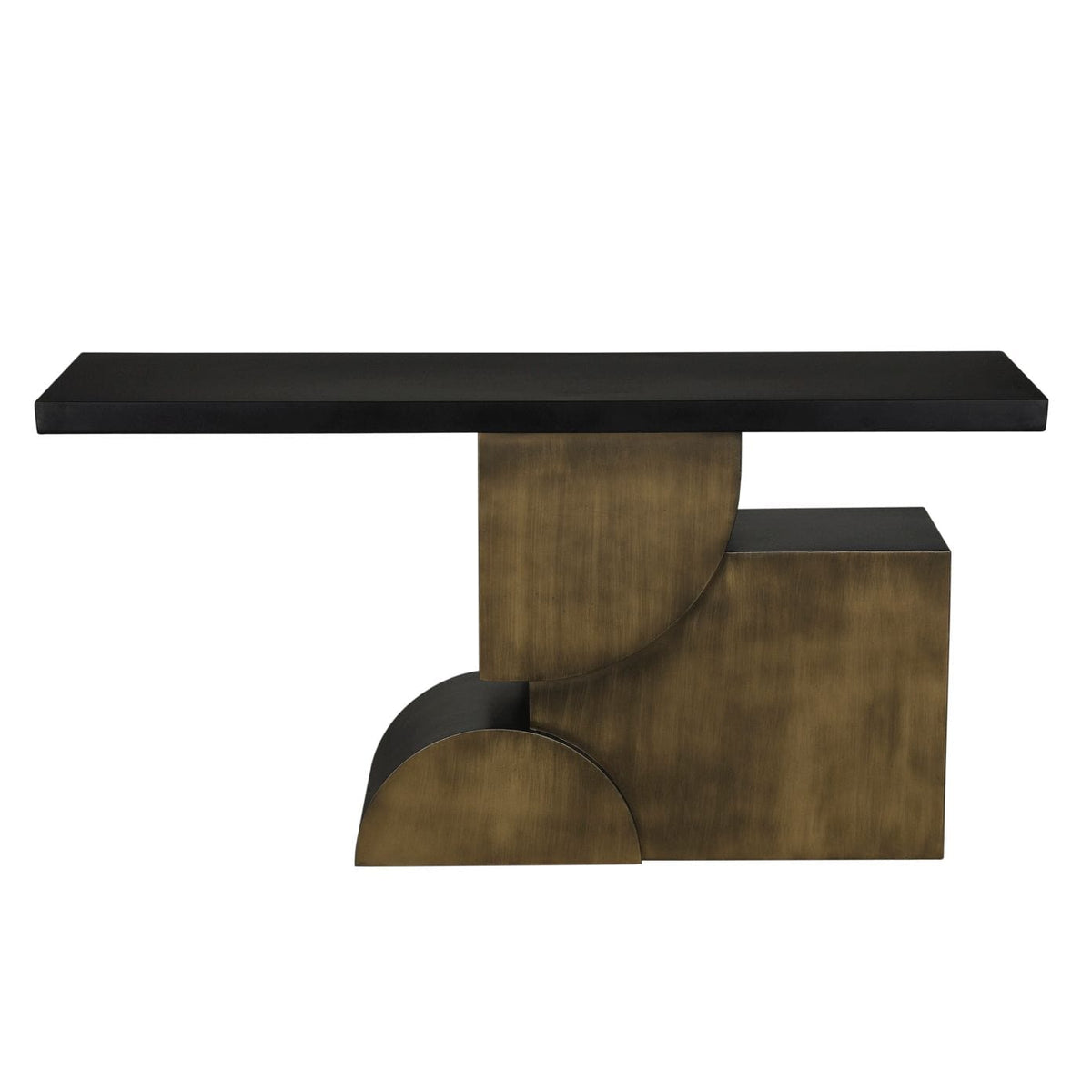 Sleek Coutura console table with matte black top and aged brass geometric base.
