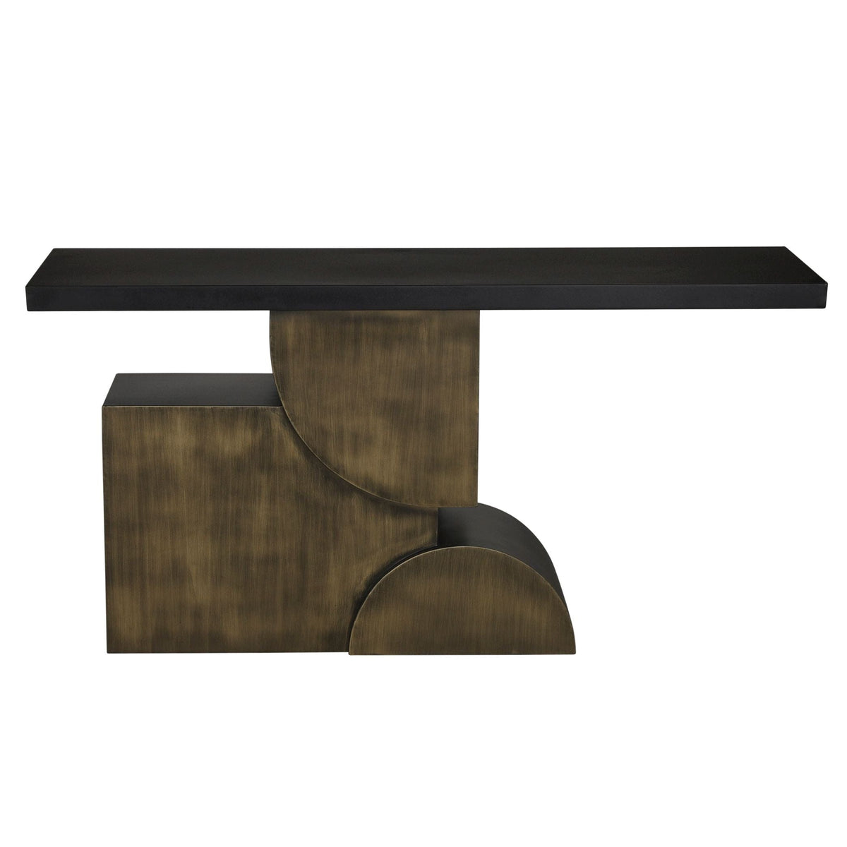 Coutura Black & Aged Brass Console Table with sleek matte black top and geometric aged brass base.