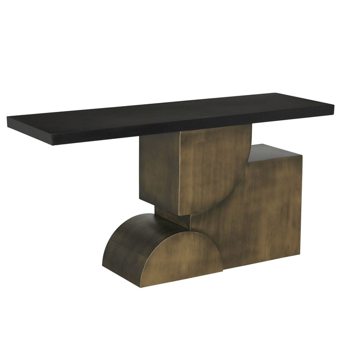 Coutura console table with matte black top and aged brass geometric base.