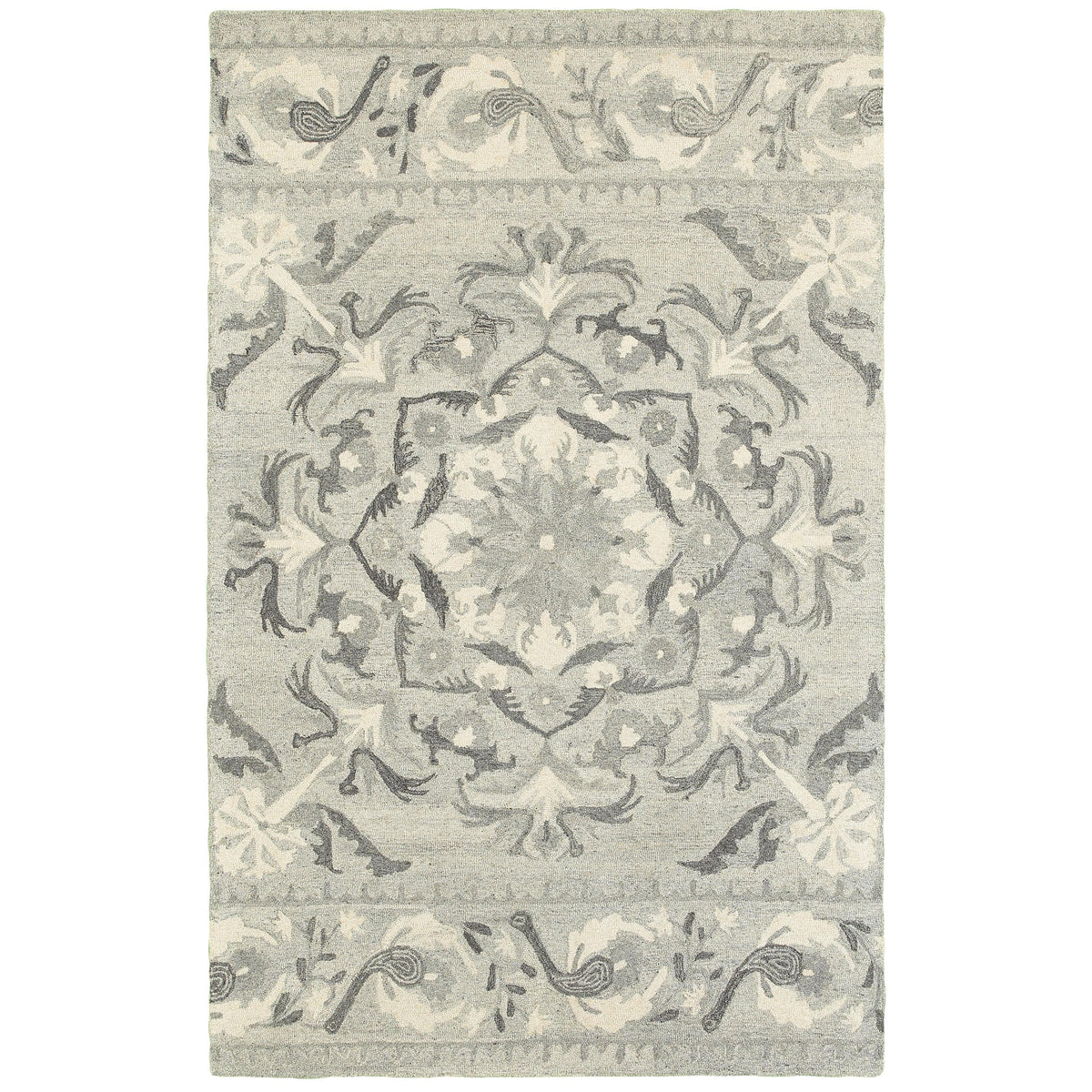 Heathered gray & ivory casual rug with a detailed floral medallion and border design.