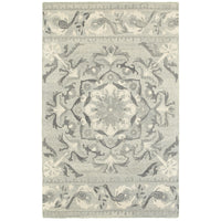 Heathered gray & ivory casual rug with a detailed floral medallion and border design.
