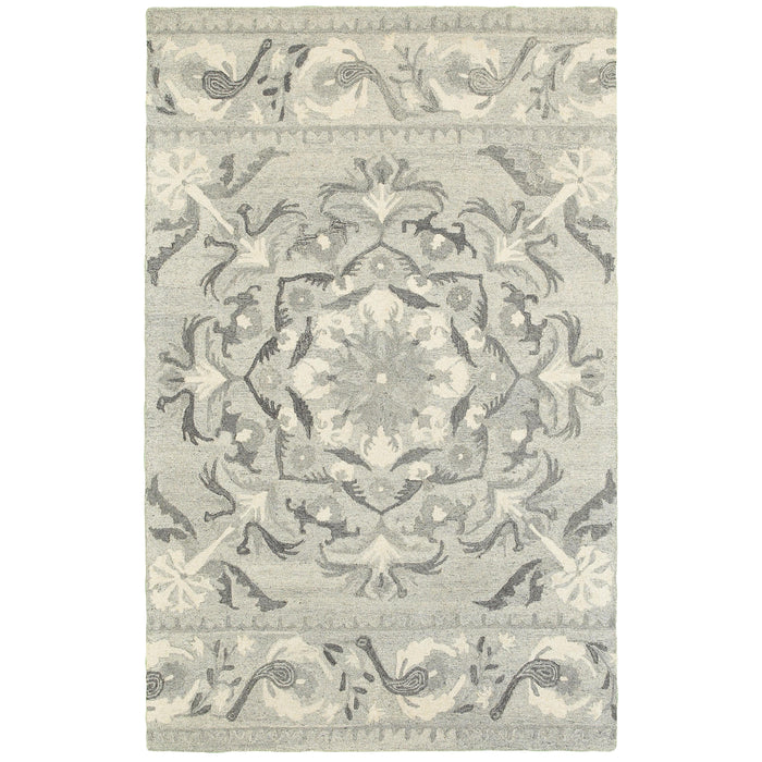 Heathered gray & ivory casual rug with a detailed floral medallion and border design.