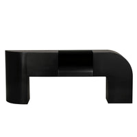 Craftor Black Console Table, 75"W industrial steel with matte black finish, modern design, curved ends, and central open shelf.