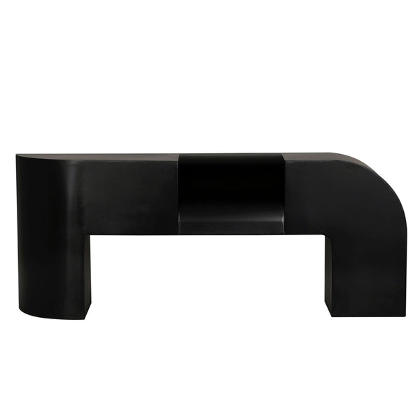 Craftor Black Console Table, 75"W industrial steel with matte black finish, modern design, curved ends, and central open shelf.