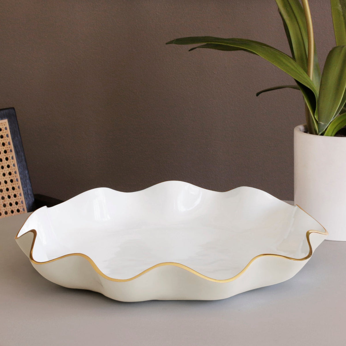Cream, White & Gold Carola Large Round Serving Platter - Platter Top View | Bone & Brass