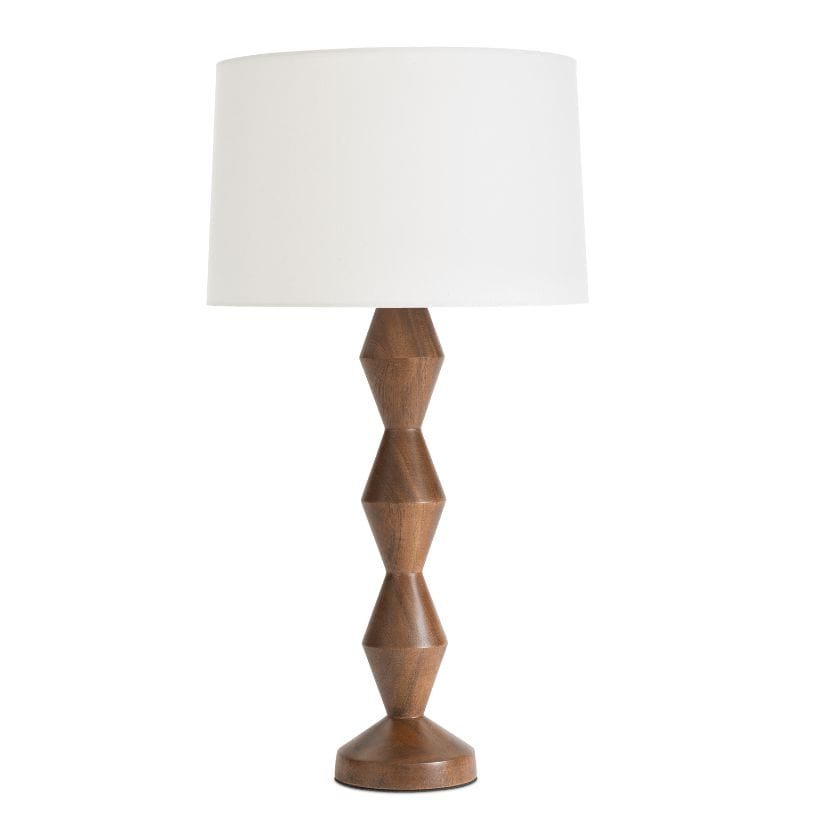 Mid-century modern Crew Buffet Lamp with a geometric walnut wood base and a natural linen shade.