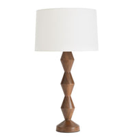 Mid-century modern Crew Buffet Lamp with a geometric walnut wood base and a natural linen shade.