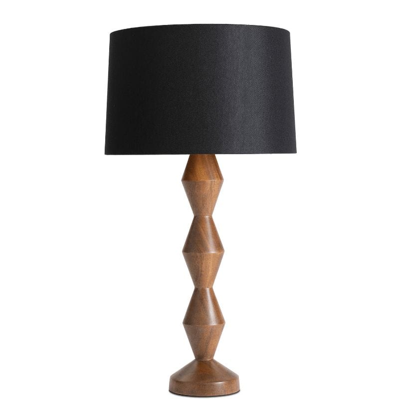 Mid-century modern Crew Buffet Lamp with a geometric walnut wood base and a black linen shade.