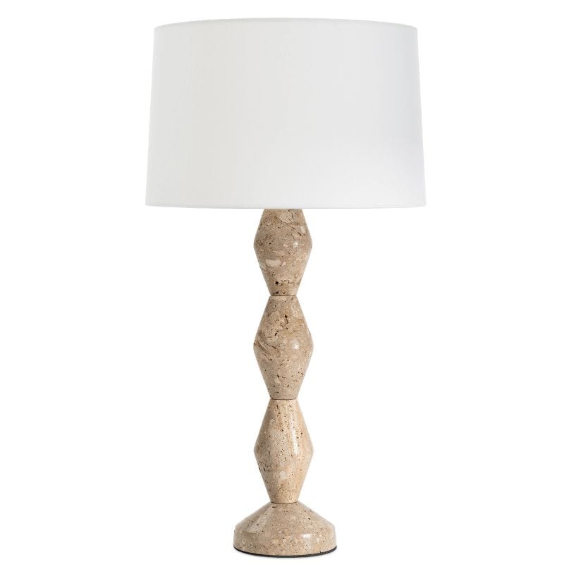 Mid-century modern buffet lamp with a geometric walnut base and a natural linen shade.