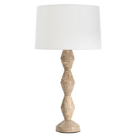 Mid-century modern buffet lamp with a geometric walnut base and a natural linen shade.