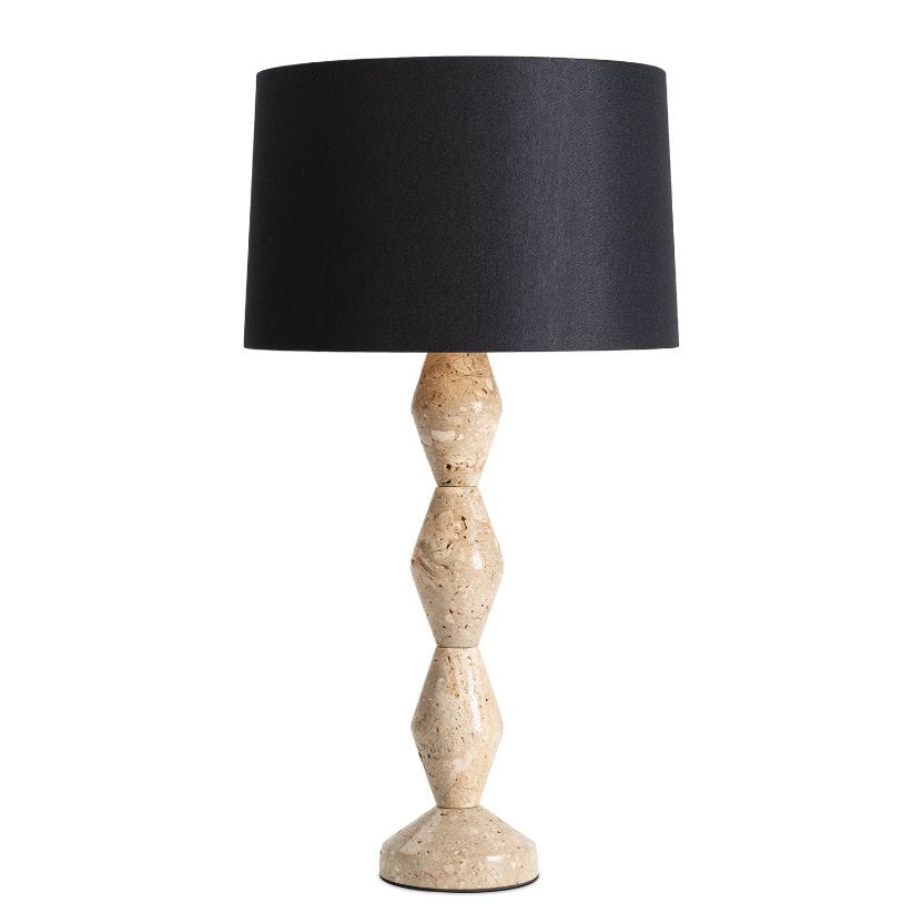 Mid-century modern buffet lamp with a geometric walnut base and a black linen shade.
