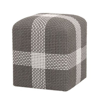 Gray woven rope ottoman accent cube with white cross pattern.