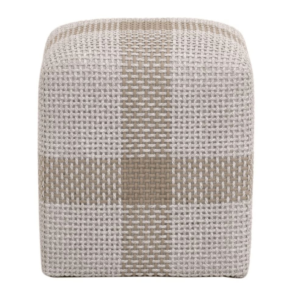 Cross Rope Ottoman Accent Cube with light and dark beige intricate rope weave.