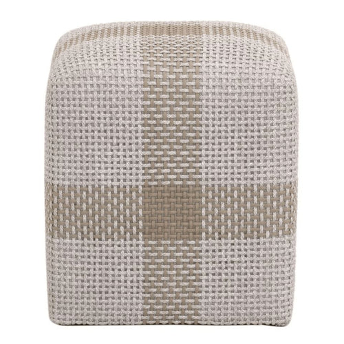 Cross Rope Ottoman Accent Cube with light and dark beige intricate rope weave.