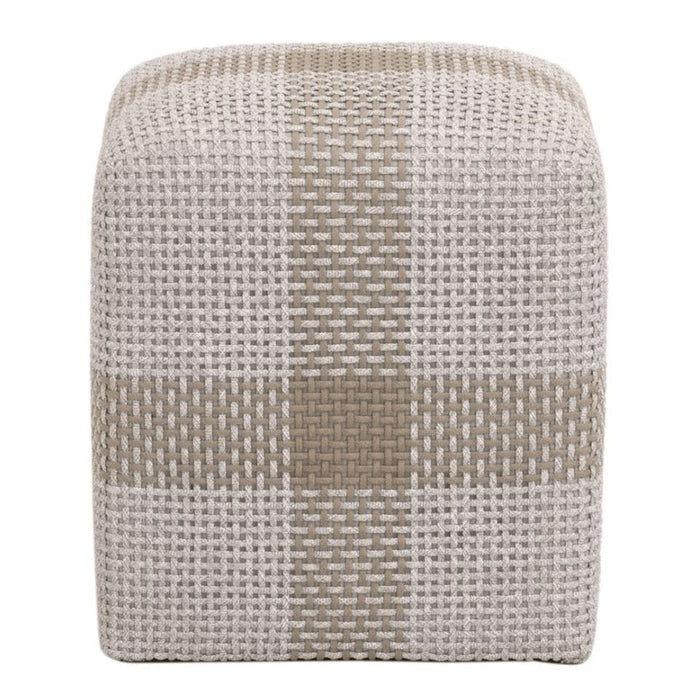 Cross Rope Ottoman Accent Cube with light and dark beige intricate rope weave.