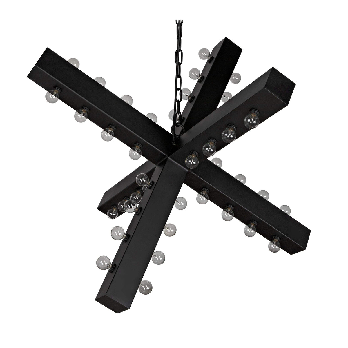 Cruzar Black Steel Chandelier with multiple small bulbs on intersecting beams.