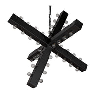 Cruzar Black Steel Chandelier with multiple small bulbs on intersecting beams.