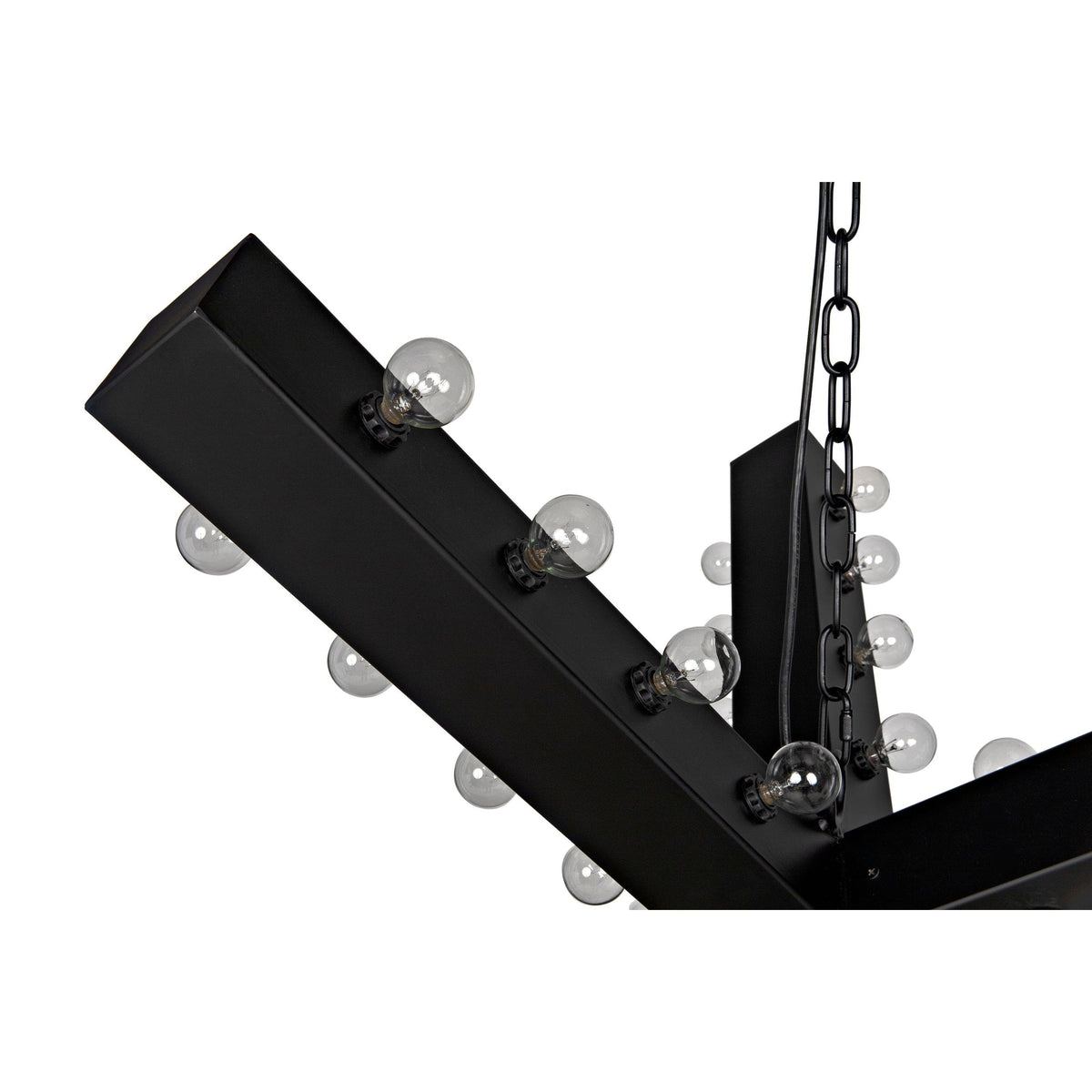 Cruzar Black Steel Chandelier, a handcrafted metal ceiling light with multiple small bulbs and a chain.