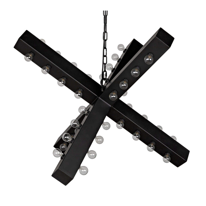 Cruzar Black Steel Chandelier with multiple small bulbs, featuring a sculptural, modern design.