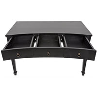 Curba hand-rubbed black mahogany desk with three open drawers and curved design.