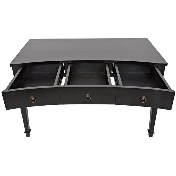 Curba hand-rubbed black mahogany desk with three open drawers and curved design.