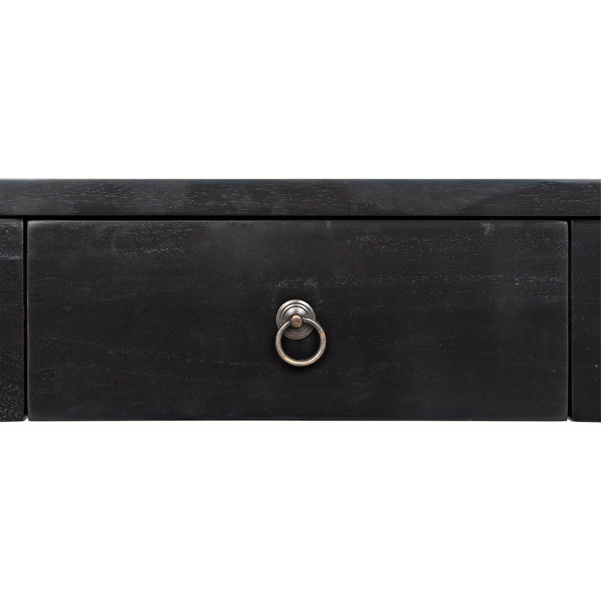 Curba hand-rubbed black mahogany desk drawer with metal ring pull hardware.