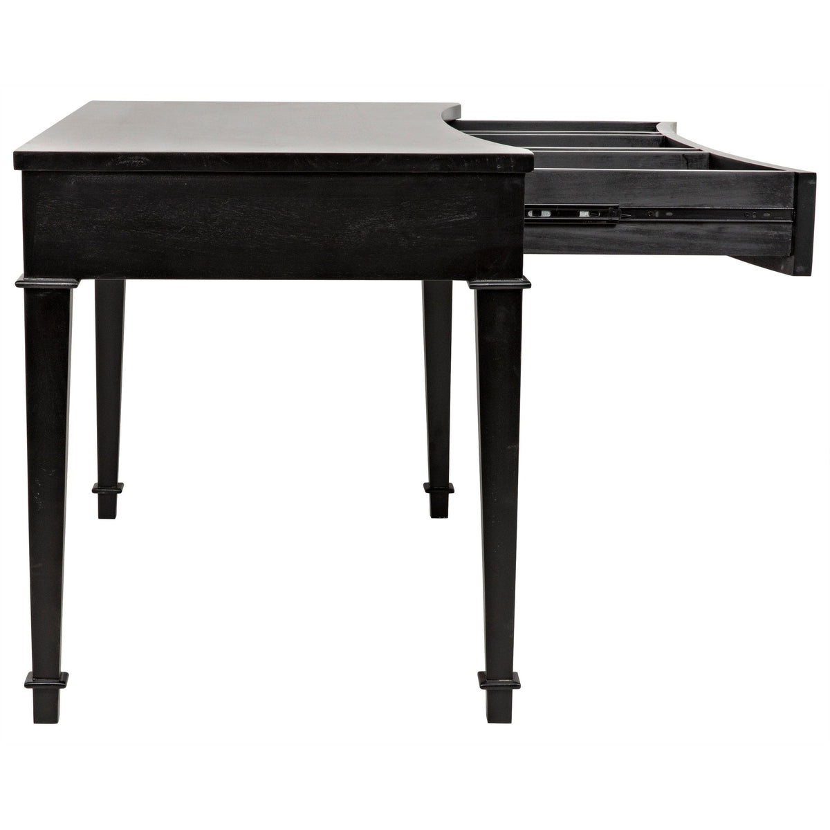 Curba hand-rubbed black mahogany desk with smooth curves and three open drawers.