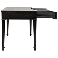 Curba hand-rubbed black mahogany desk with smooth curves and three open drawers.