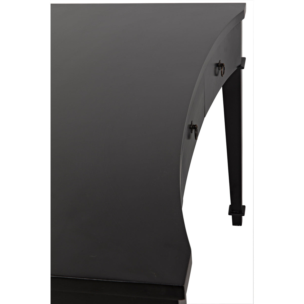 Curba Desk: Hand-rubbed black solid mahogany desk with smooth curves and three drawers.