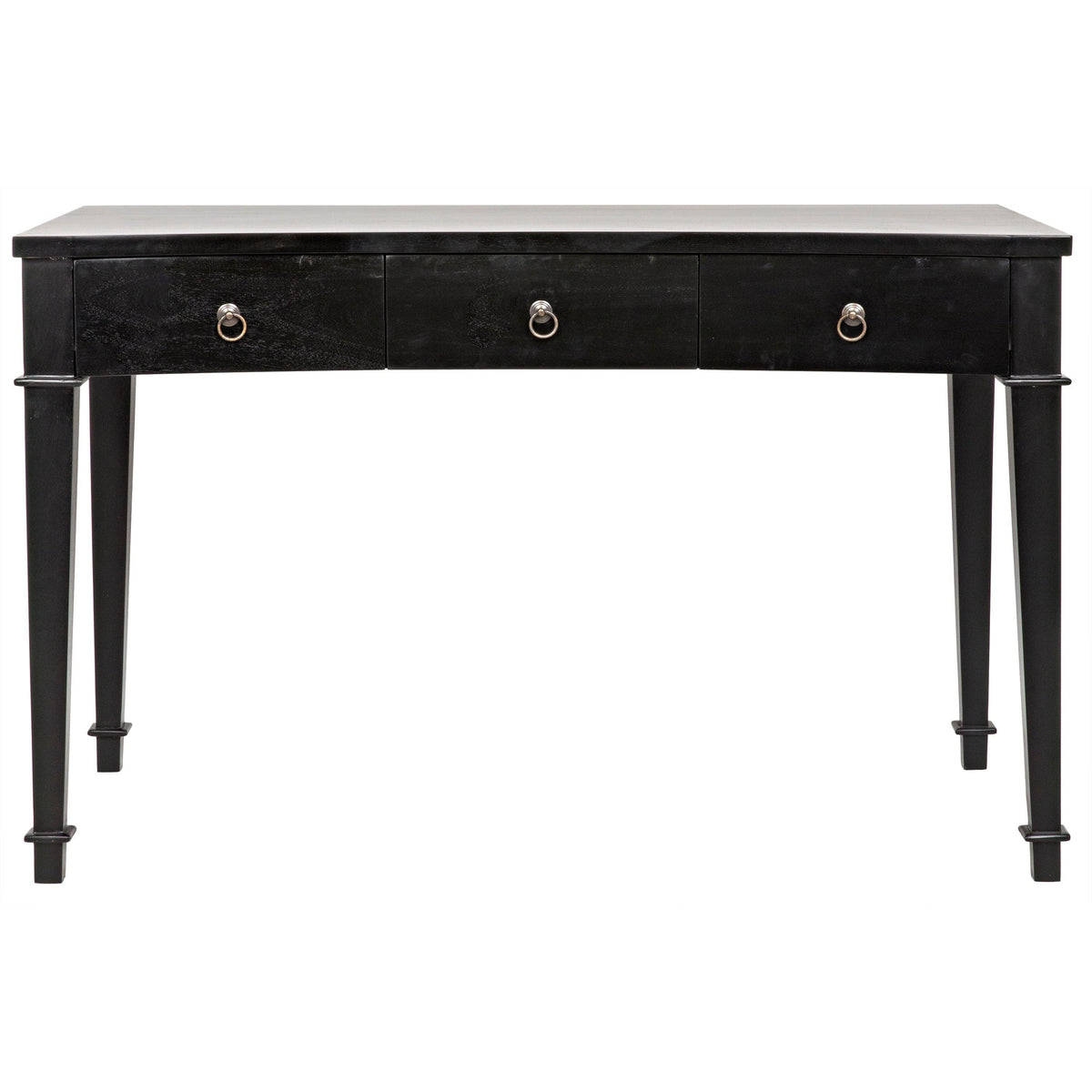 Hand-rubbed black mahogany Curba desk with three drawers and metal hardware.