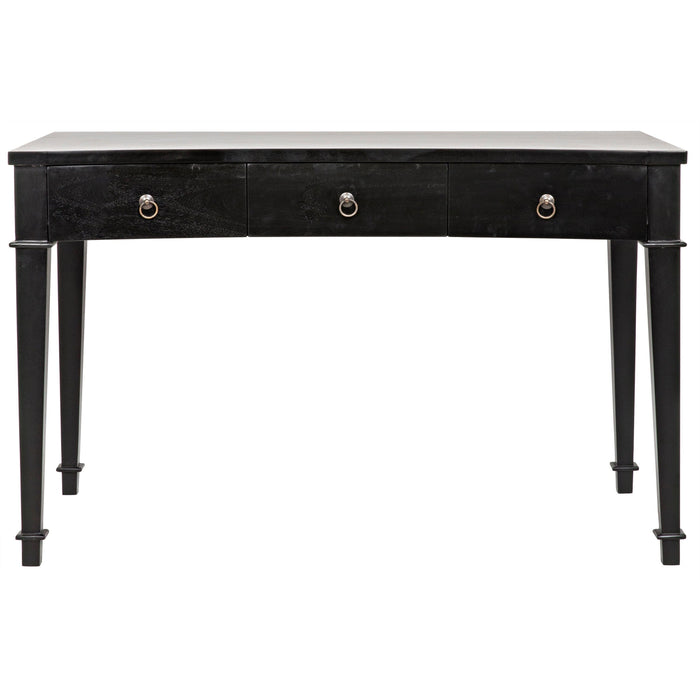 Hand-rubbed black mahogany Curba desk with three drawers and metal hardware.
