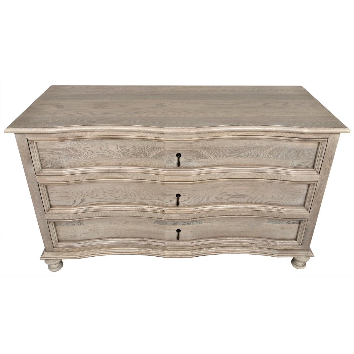 Vintage gray solid elm 3-drawer chest with curved front, metal hardware, and turned ball feet.
