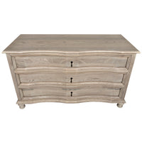 Vintage gray solid elm 3-drawer chest with curved front, metal hardware, and turned ball feet.