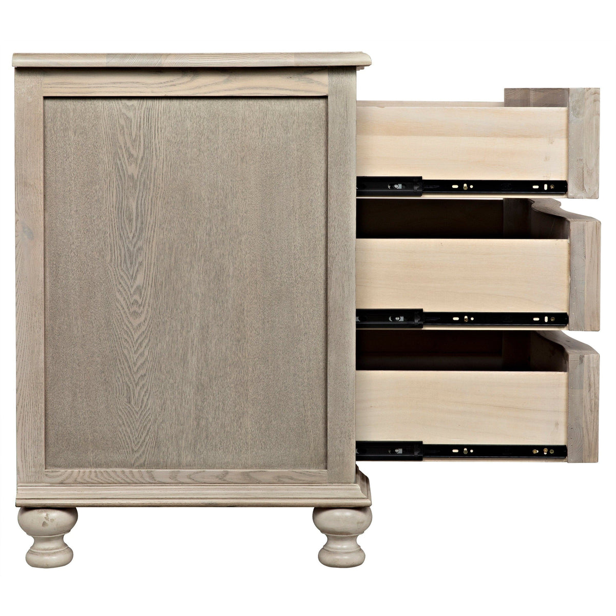 Vintage gray solid elm 3-drawer chest with curved front, turned ball feet, and open drawers revealing metal runners.