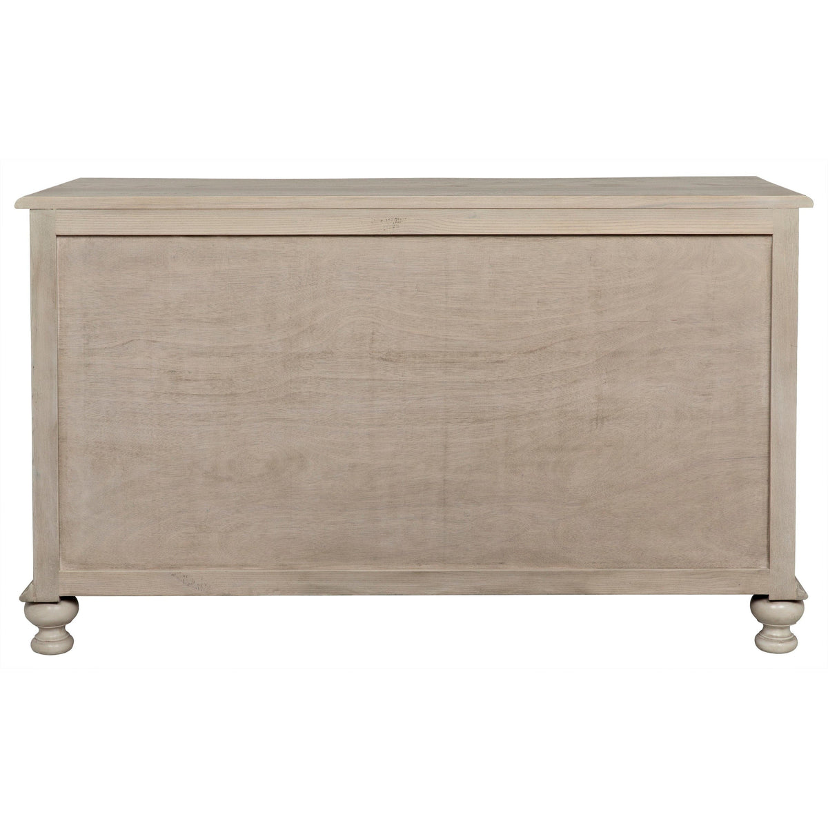 Back of a vintage gray solid elm chest with turned ball feet.