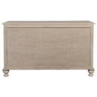 Back of a vintage gray solid elm chest with turned ball feet.