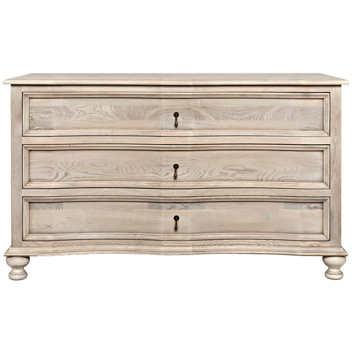 Vintage gray solid elm 3-drawer chest with curved front, natural wood grain, and dark metal hardware.